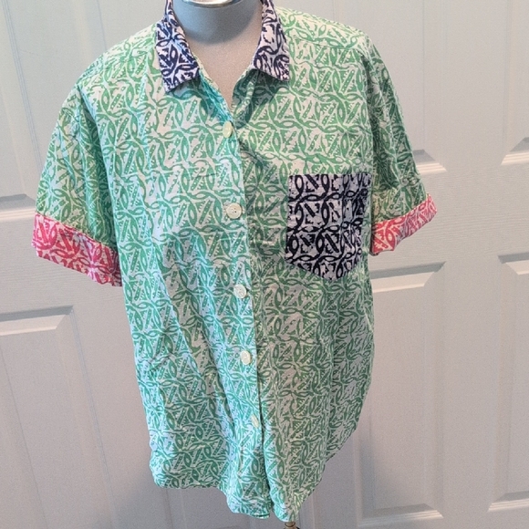 Esprit Green and Pink Casual Button Down Shirt - Picture 1 of 5